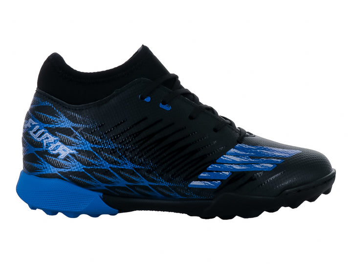 Zapato de fútbol Furia para niños en color negro con detalles y suela azul.