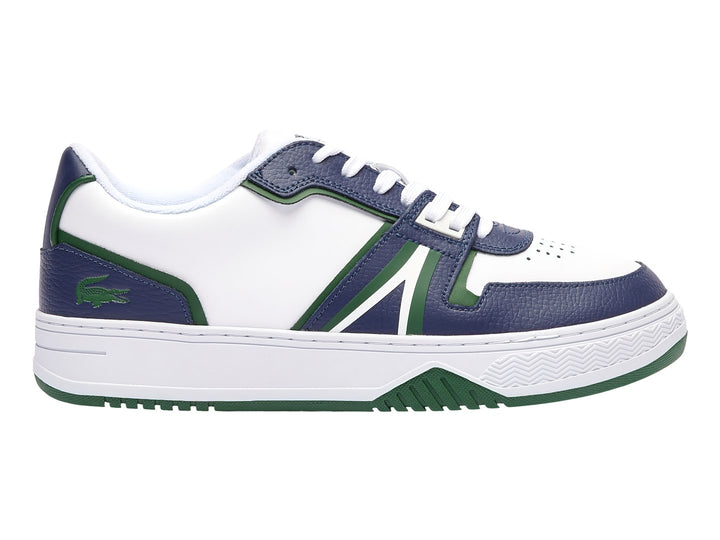 Tenis Lacoste blancos con detalles en azul marino y verde, diseño deportivo de corte bajo.
