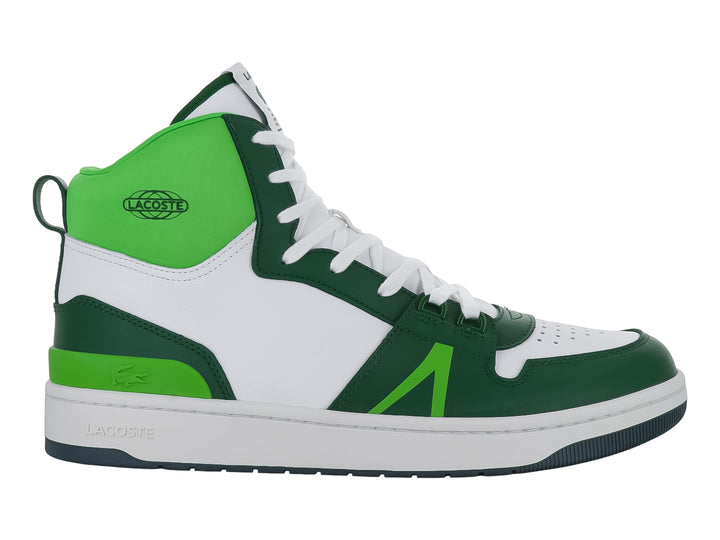 Tenis deportivos Lacoste de corte medio en colores blanco y verde con detalles en verde lima.