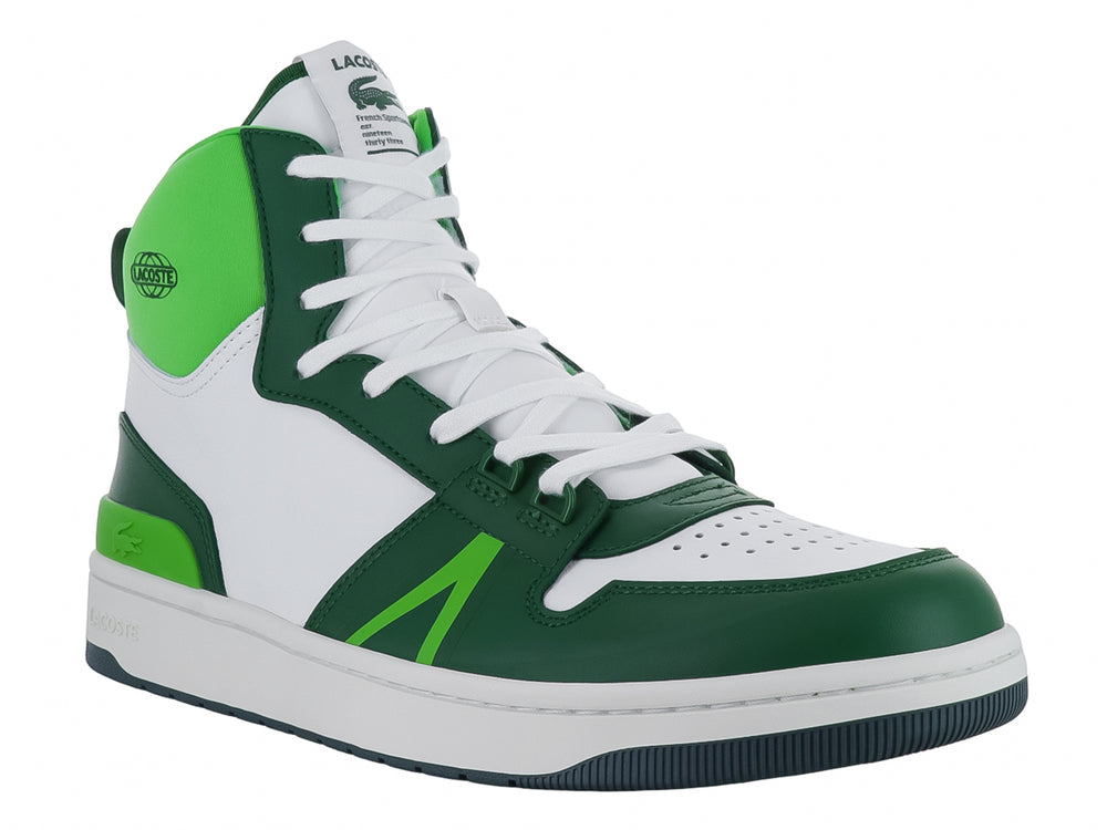 Tenis deportivos Lacoste de corte medio en colores blanco y verde con detalles en verde lima.