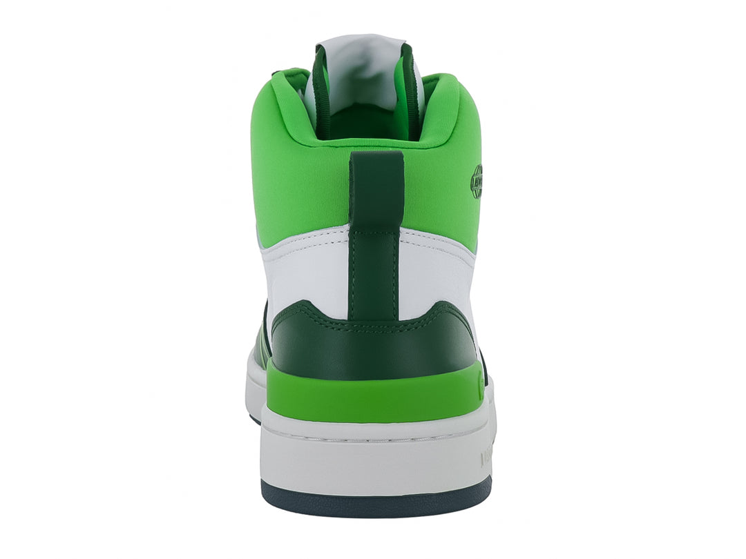 Tenis deportivos Lacoste de corte medio en colores blanco y verde con detalles en verde lima.