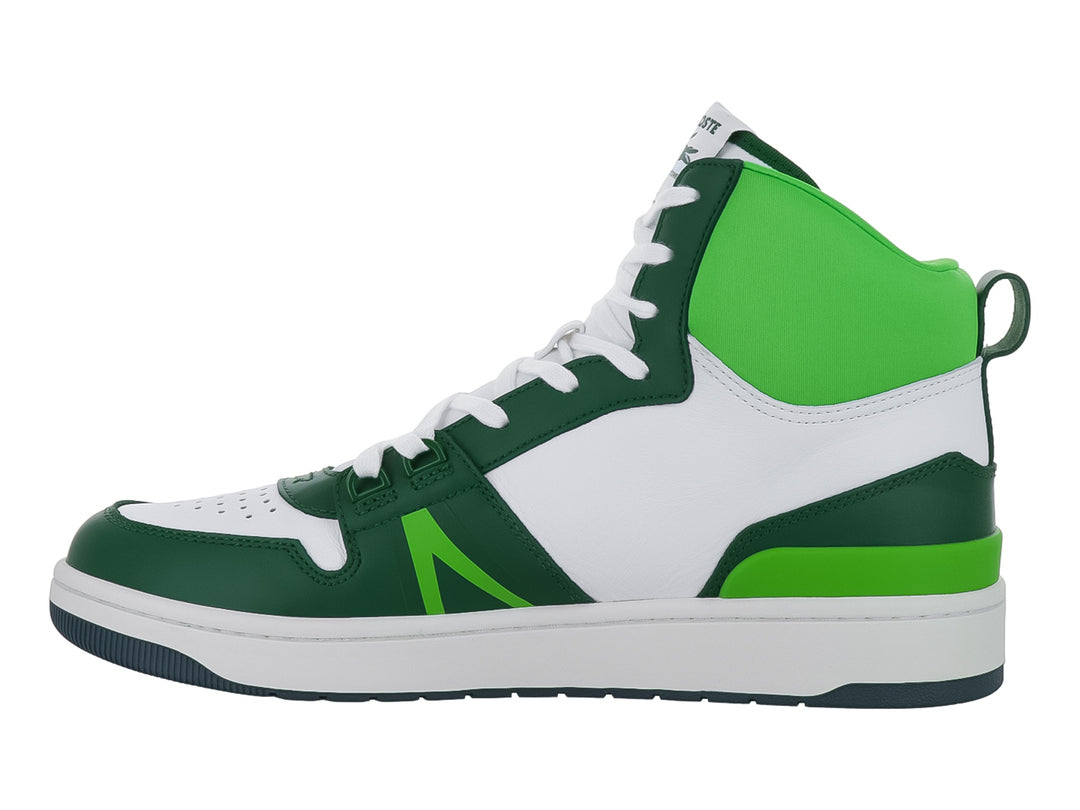 Tenis deportivos Lacoste de corte medio en colores blanco y verde con detalles en verde lima.