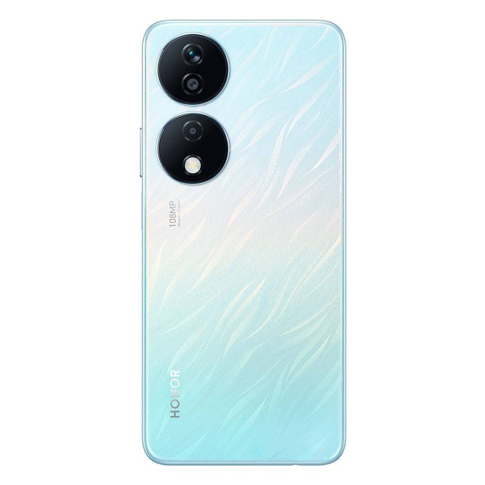 Teléfono inteligente HONOR color plata con acabado brillante iridiscente y módulo de cámara trasera circular.