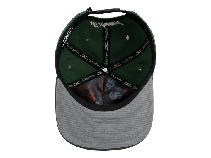 Gorra snapback verde con visera plana y parche frontal de una mano sosteniendo dinero.
