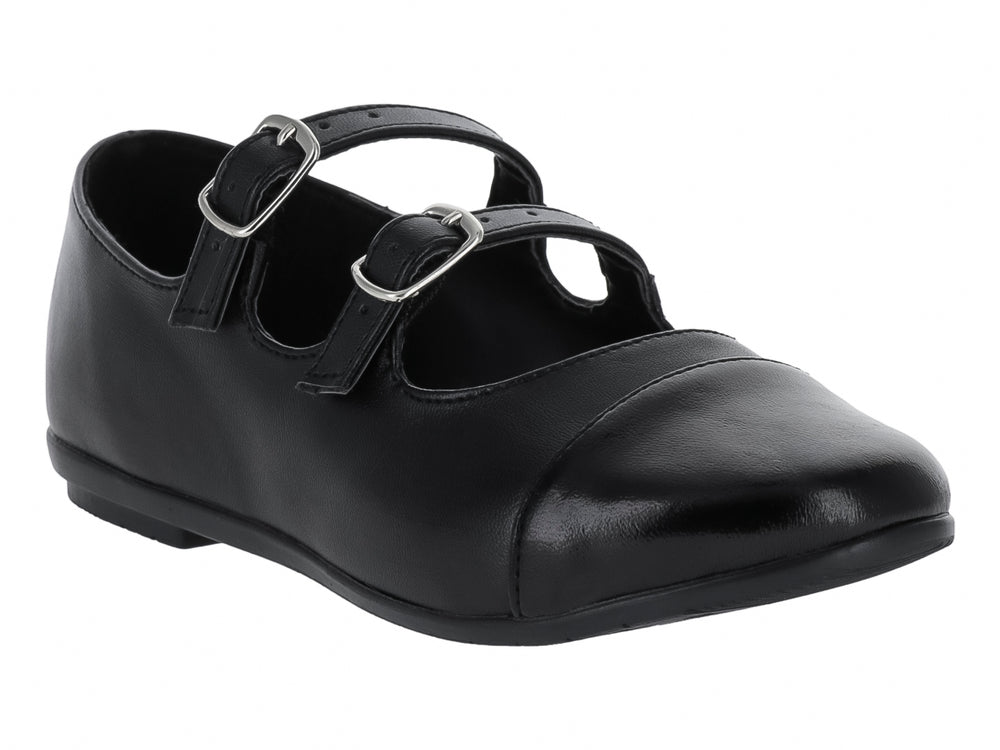 Zapato plano negro de piel con dos correas y hebillas plateadas.