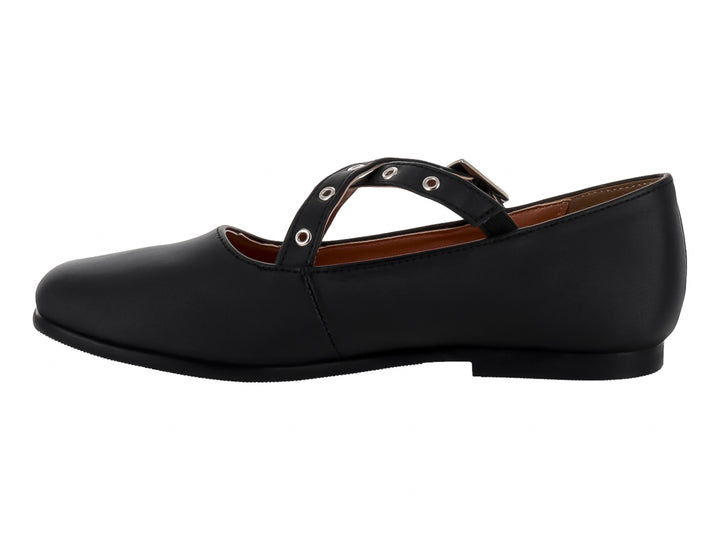 Zapato plano color negro para niña con correa y hebilla plateada, estilo clásico escolar.