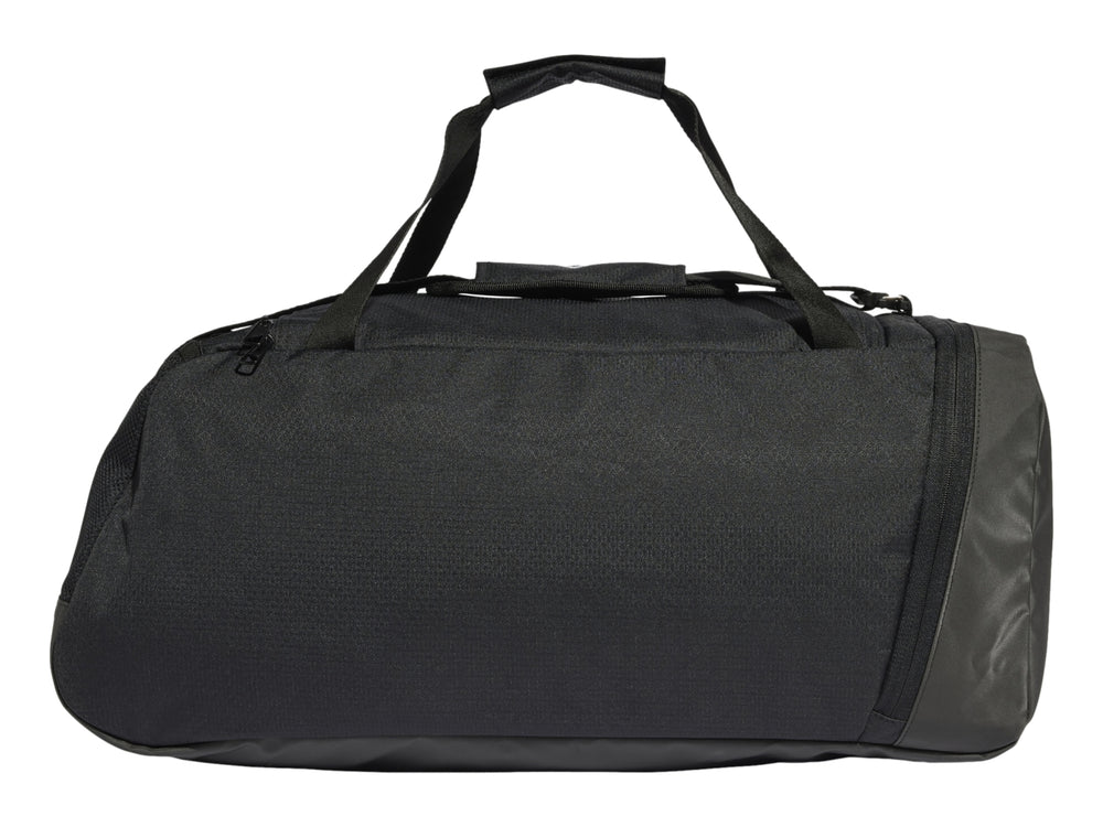 Maleta deportiva Adidas color negro con detalles y logotipo en blanco, incluye asas superiores.