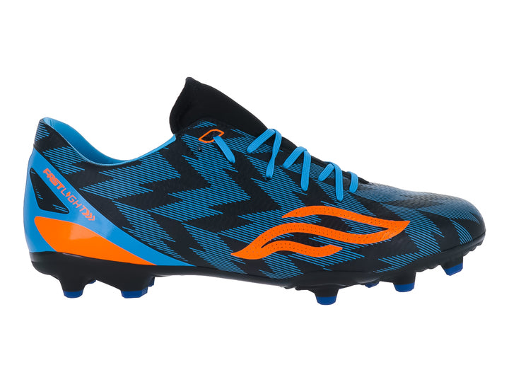 Zapato de fútbol Furia en colores azul, naranja y negro con tacos para pasto natural.