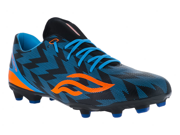 Zapato de fútbol Furia en colores azul, naranja y negro con tacos para pasto natural.
