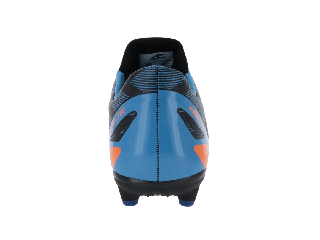 Zapato de fútbol Furia en colores azul, naranja y negro con tacos para pasto natural.