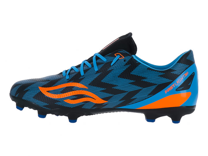 Zapato de fútbol Furia en colores azul, naranja y negro con tacos para pasto natural.