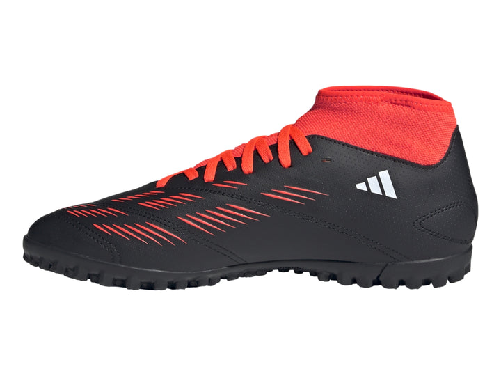 Calzado de fútbol Adidas Predator Club Sock en color negro con detalles y agujetas en rojo semi flash red.