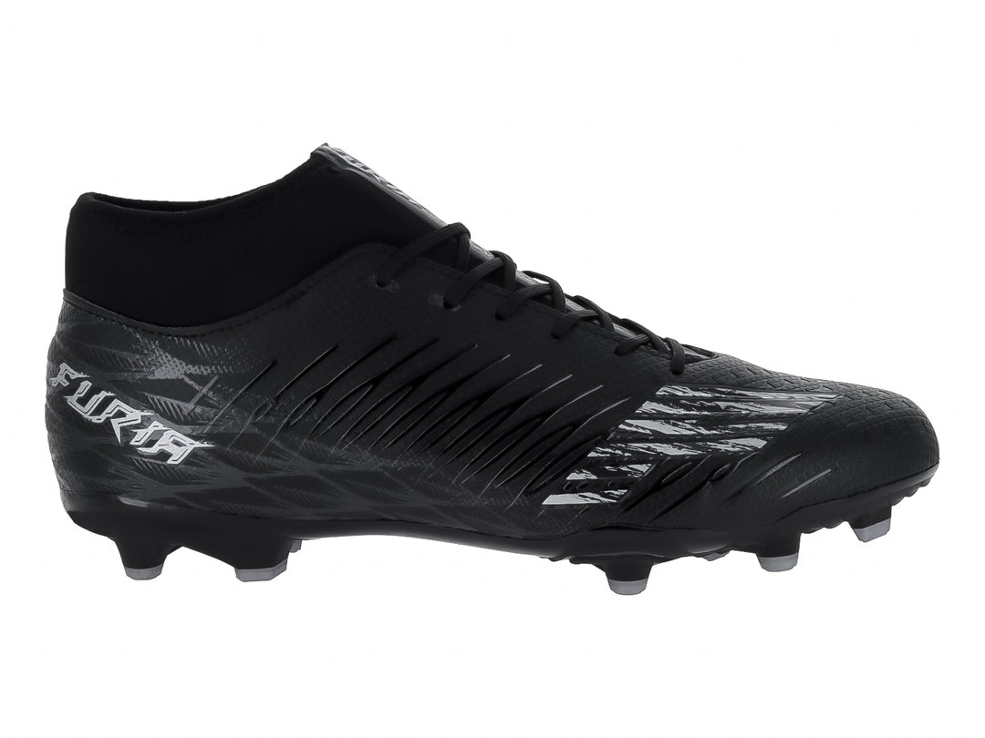 Zapato de fútbol Furia color negro con detalles en gris oxford y cuello alto ajustable.