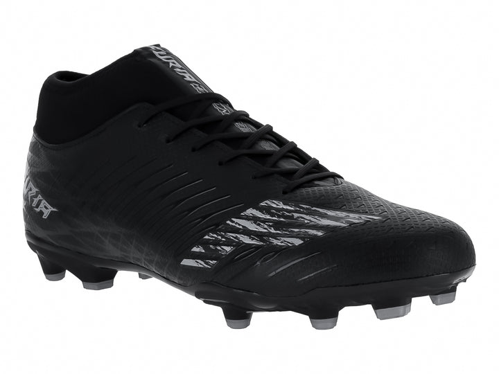 Zapato de fútbol Furia color negro con detalles en gris oxford y cuello alto ajustable.