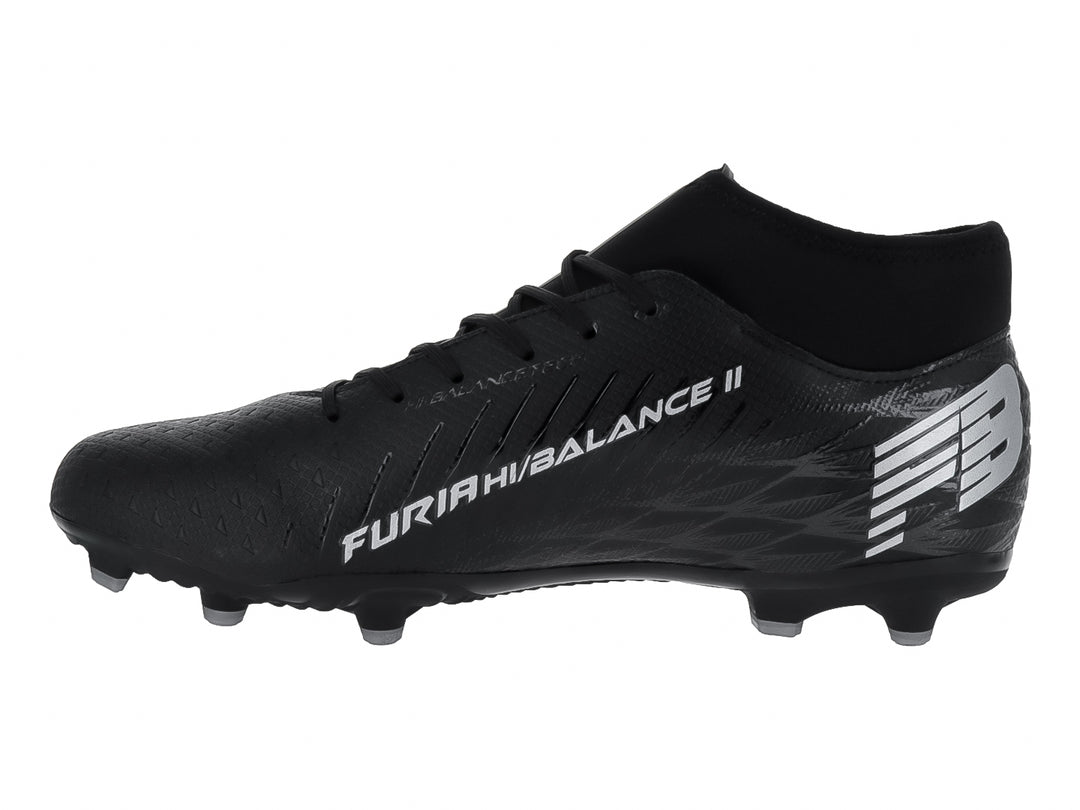 Zapato de fútbol Furia color negro con detalles en gris oxford y cuello alto ajustable.