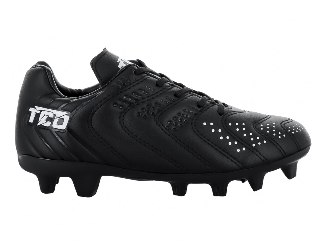 Zapato de fútbol Leon Trucco color negro con detalles blancos y tacos para pasto.