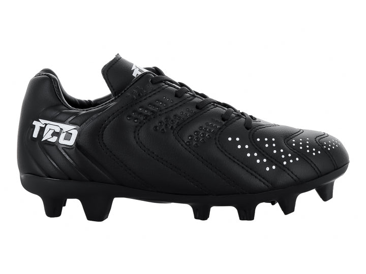 Zapato de fútbol Leon Trucco color negro con detalles blancos y tacos para pasto.