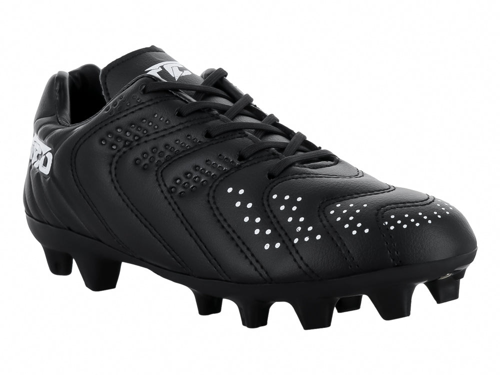 Zapato de fútbol Leon Trucco color negro con detalles blancos y tacos para pasto.