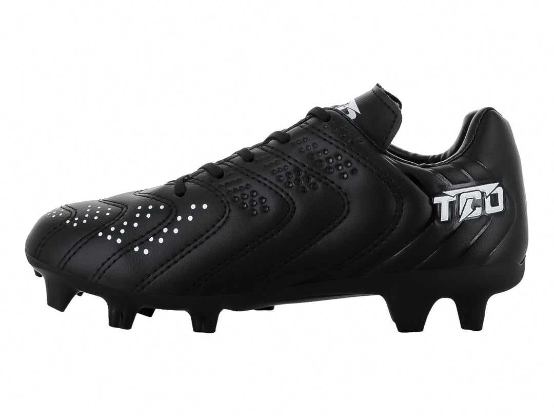 Zapato de fútbol Leon Trucco color negro con detalles blancos y tacos para pasto.
