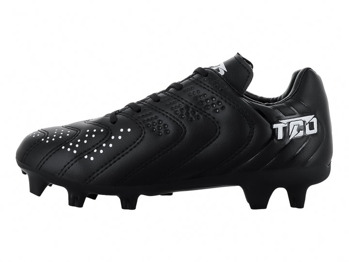 Zapato de fútbol Leon Trucco color negro con detalles blancos y tacos para pasto.