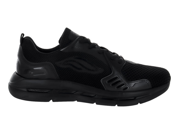Tenis deportivos color negro para hombre con malla transpirable y suela gruesa.