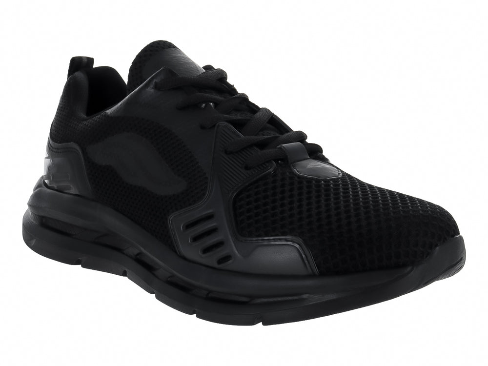 Tenis deportivos color negro para hombre con malla transpirable y suela gruesa.