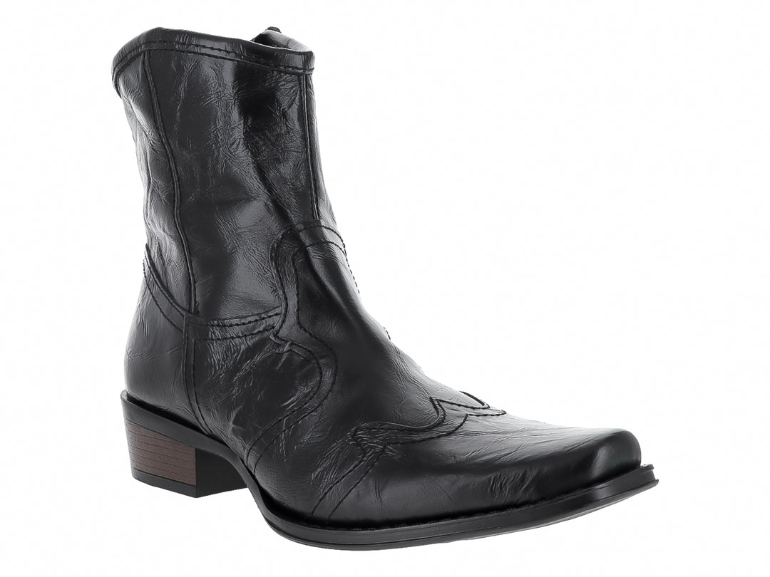 Bota vaquera Urban Cowboy de color negro con acabado machucado y tacón marrón.