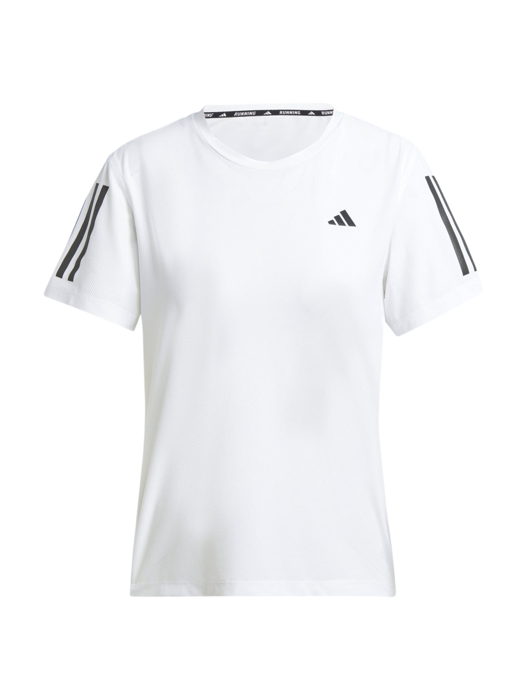 Camiseta deportiva blanca de manga corta con detalles negros en los hombros, marca Adidas.
