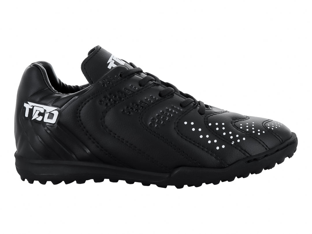 Zapato de fútbol Leon Trucco color negro con detalles en blanco y suela para terreno sintético.