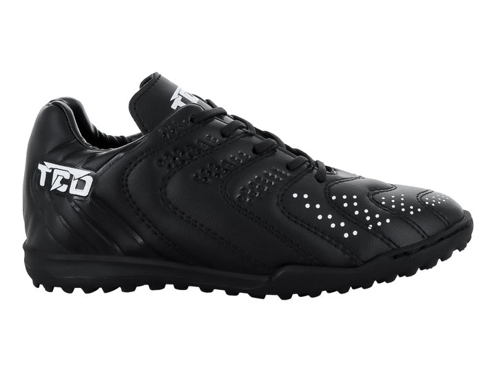 Zapato de fútbol Leon Trucco color negro con detalles en blanco y suela para terreno sintético.