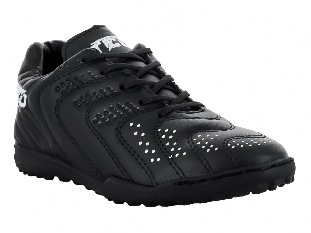 Zapato de fútbol Leon Trucco color negro con detalles en blanco y suela para terreno sintético.