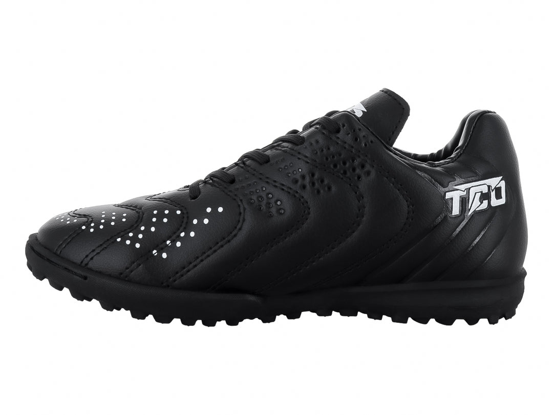 Zapato de fútbol Leon Trucco color negro con detalles en blanco y suela para terreno sintético.