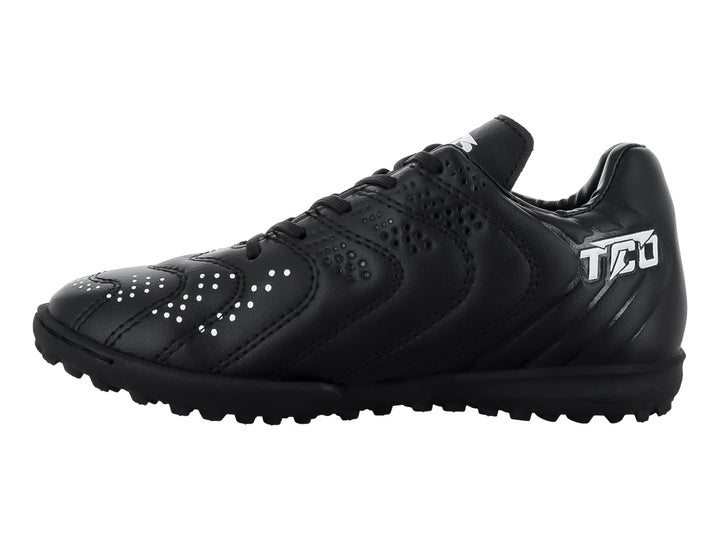 Zapato de fútbol Leon Trucco color negro con detalles en blanco y suela para terreno sintético.