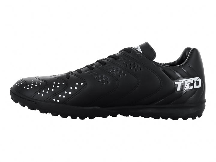 Zapato de fútbol Leon Trucco FT74 color negro con detalles en blanco y suela para pasto sintético.