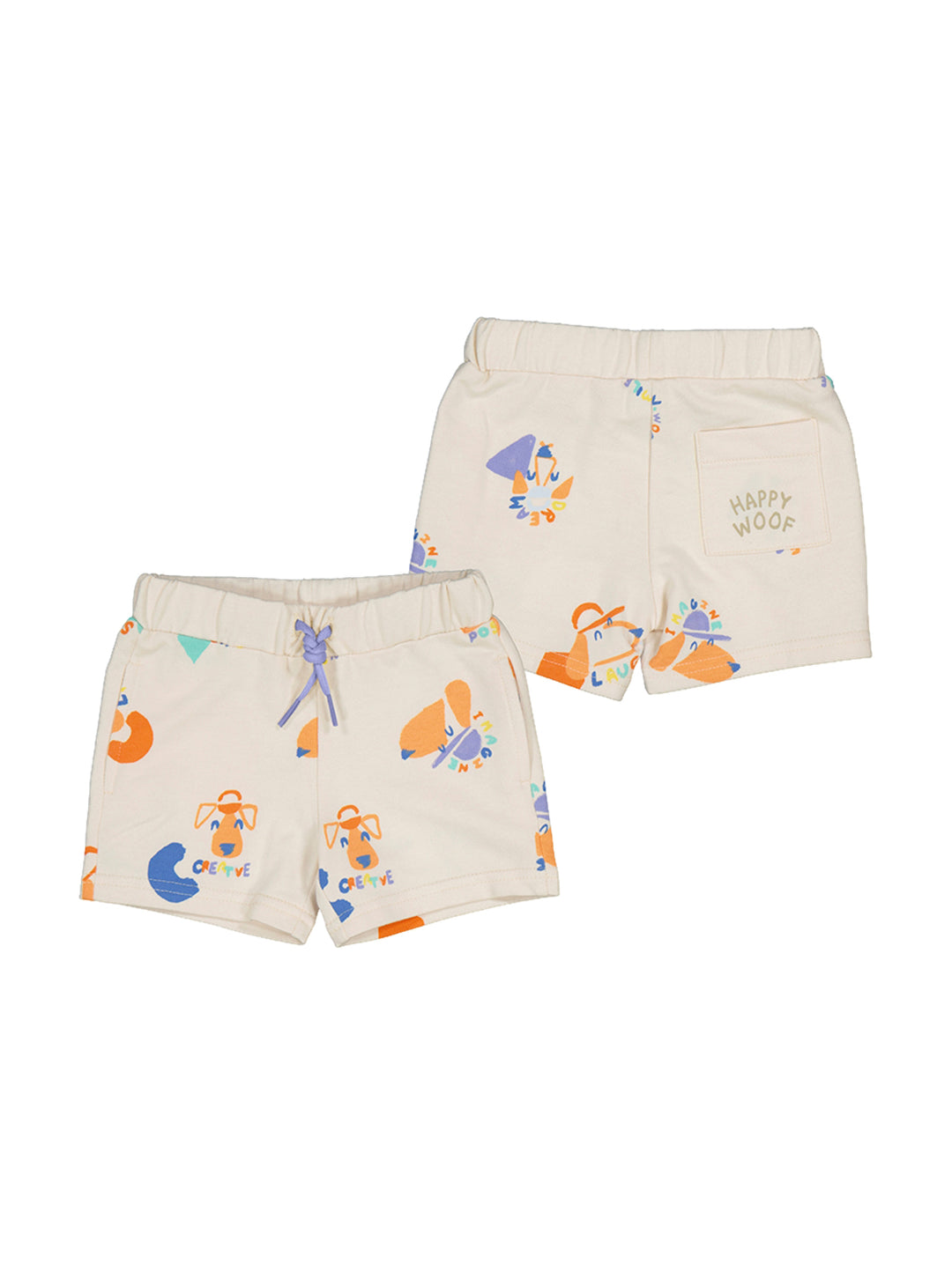 Bermuda color lienzo para niño con estampados de perros en tonos naranja y azul.