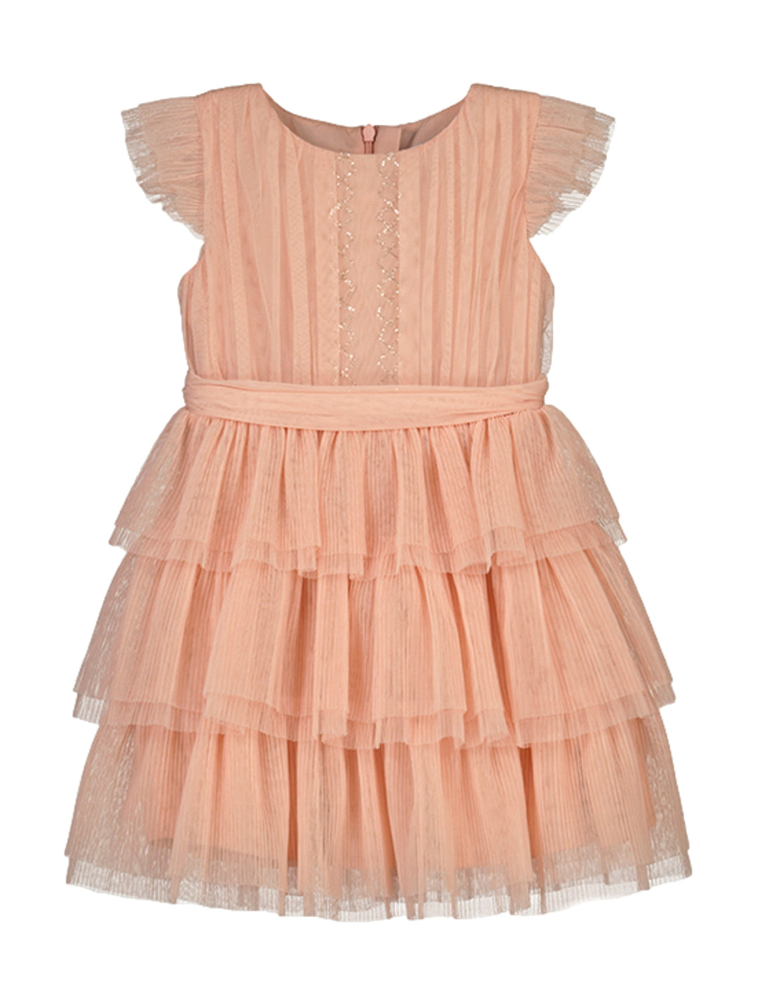 Vestido infantil color nude con falda de tul plisada en capas y detalles brillantes en el pecho.