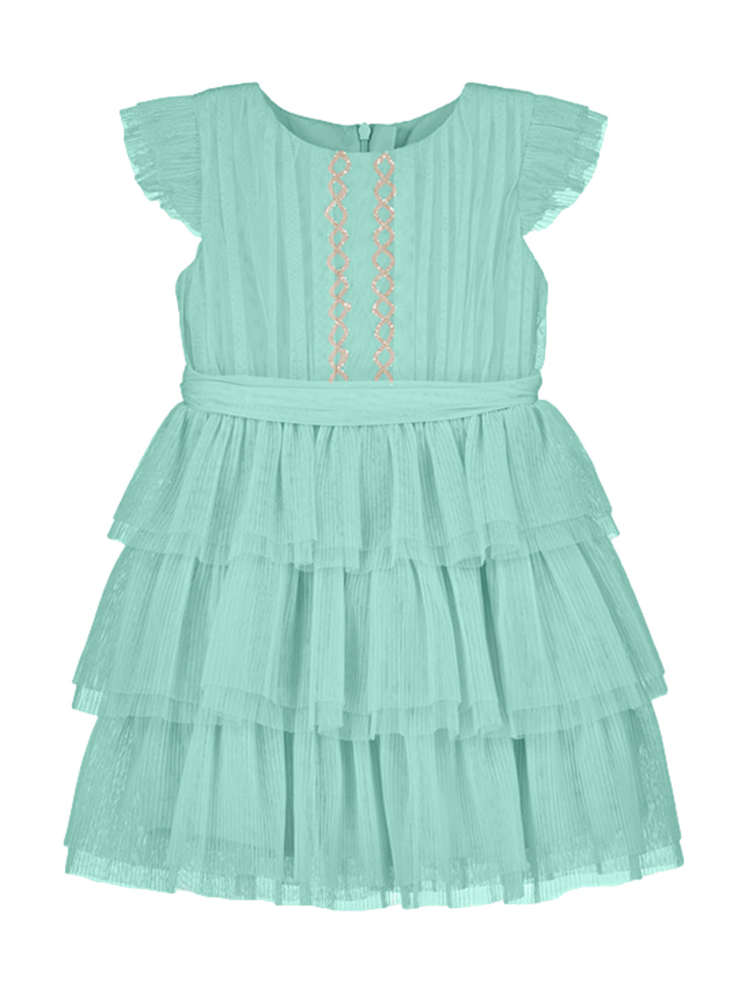 Vestido infantil color verde anís con falda de tul en capas, cuerpo plisado y detalles dorados frontales.