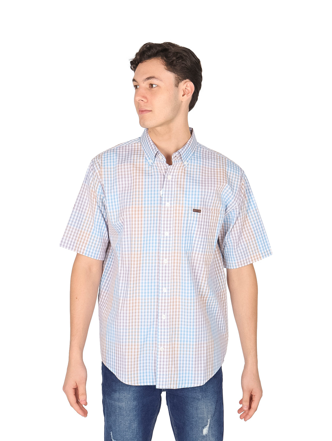 Hombre vistiendo una camisa de manga corta a cuadros en colores azul y beige.