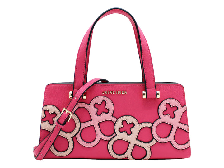 Bolso de mano Jaime Ibiza color rosa con patrones geométricos beige y correa ajustable.