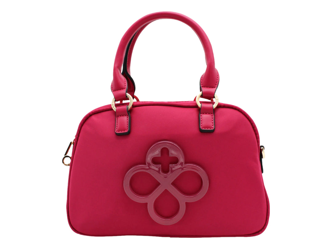 Bolso de mano color fucsia de la marca Jaime Ibiza con asa superior y detalle decorativo frontal.