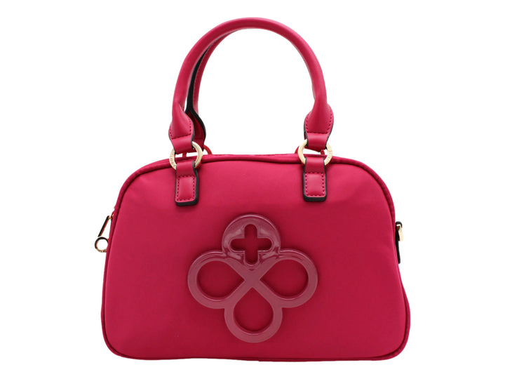 Bolso de mano color fucsia de la marca Jaime Ibiza con asa superior y detalle decorativo frontal.