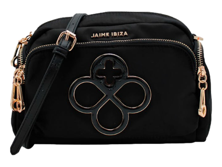 Bolso de hombro negro de Jaime Ibiza con detalles y herrajes en color oro rosa y logotipo frontal.