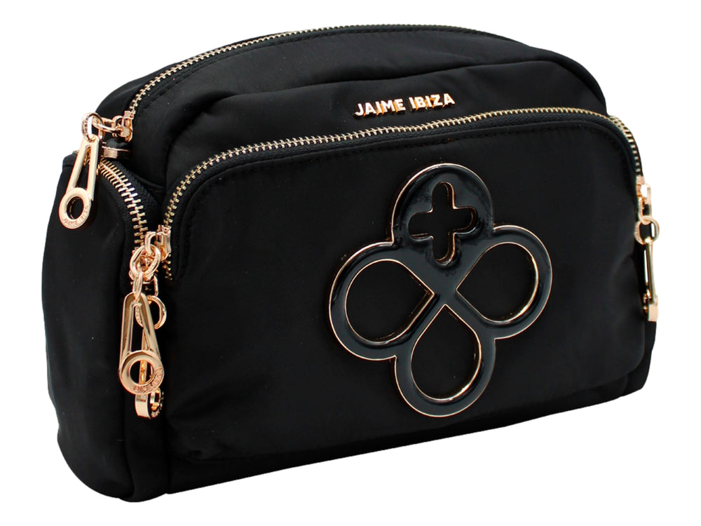 Bolso de hombro negro de Jaime Ibiza con detalles y herrajes en color oro rosa y logotipo frontal.