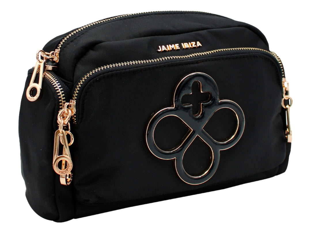 Bolso de hombro negro de Jaime Ibiza con detalles y herrajes en color oro rosa y logotipo frontal.