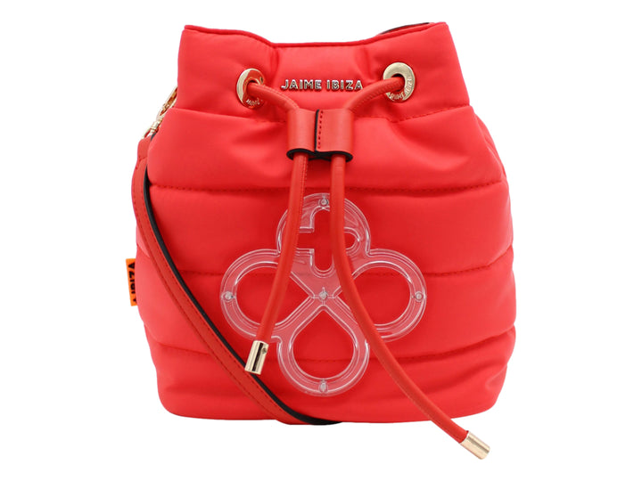 Bolso naranja de Jaime Ibiza con cierre de cordón y adorno frontal transparente.