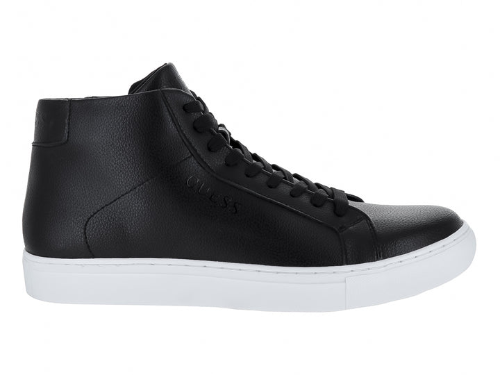 Tenis botín Guess de cuero negro con suela blanca y agujetas negras.