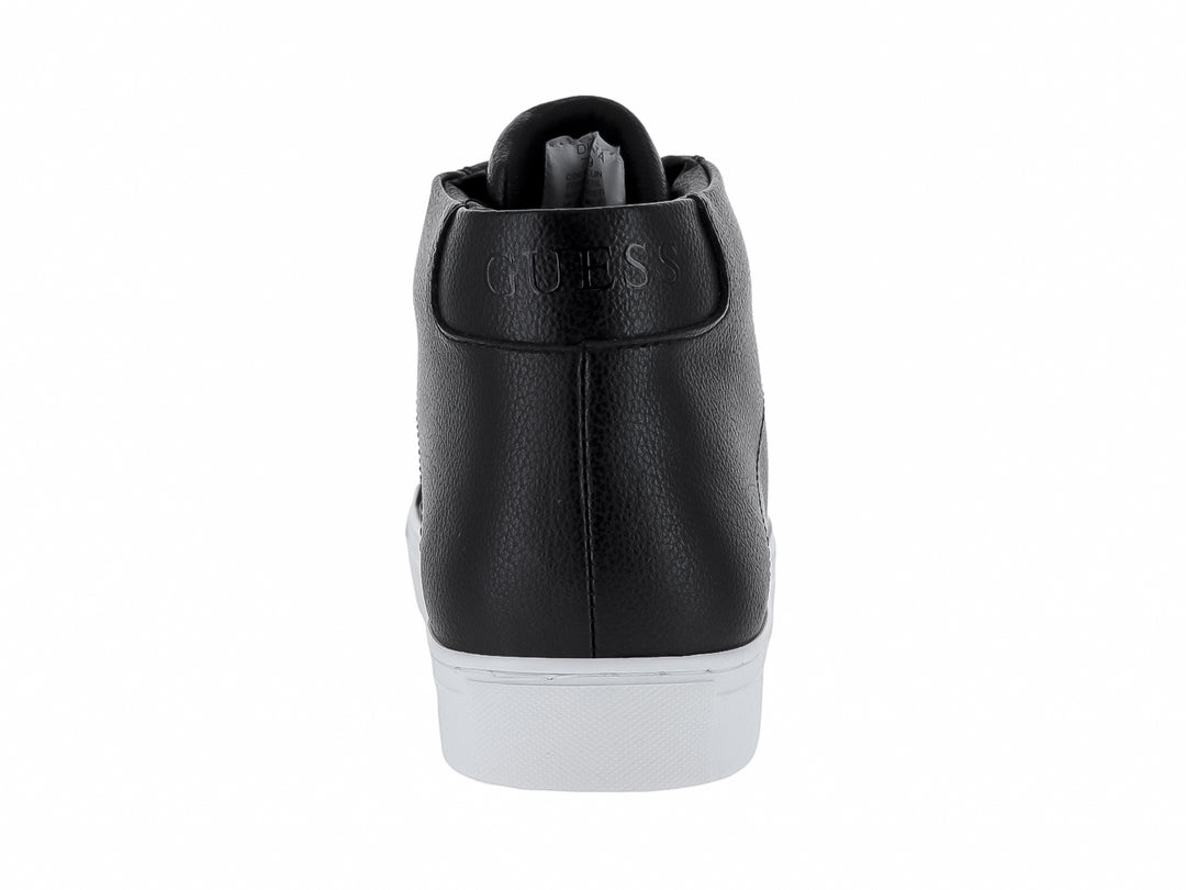 Tenis botín Guess de cuero negro con suela blanca y agujetas negras.