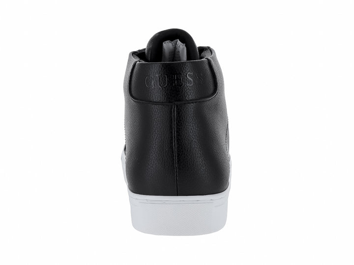 Tenis botín Guess de cuero negro con suela blanca y agujetas negras.