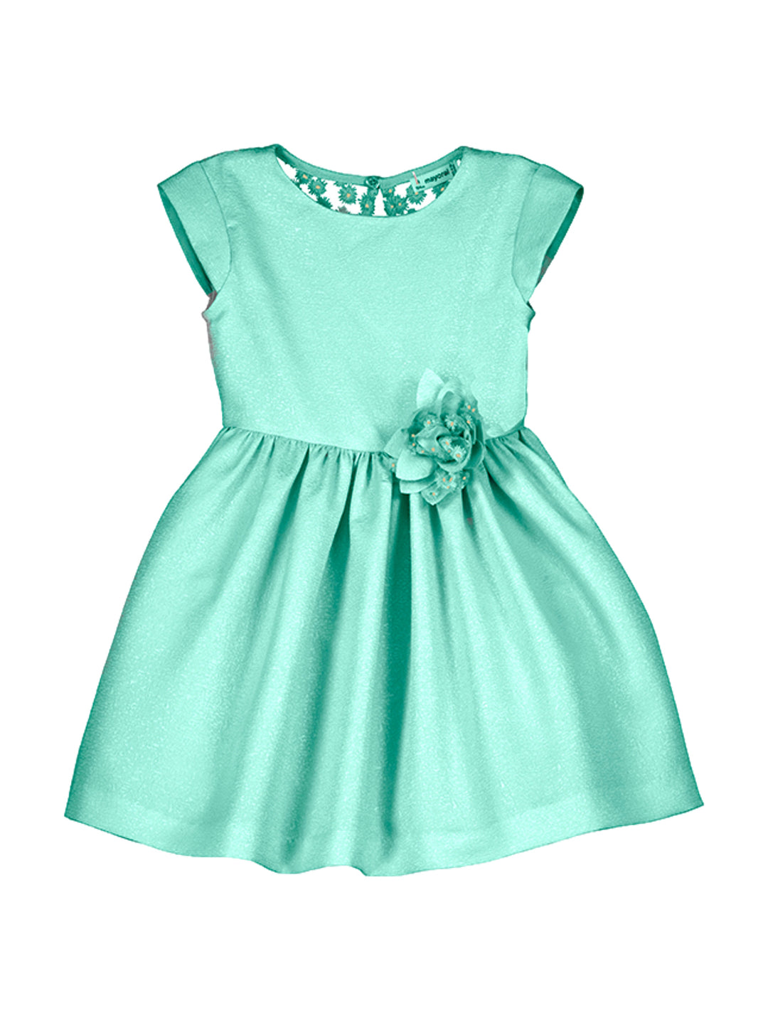 Vestido corto para niña color anis con detalle de flor en la cintura y encaje en el cuello.