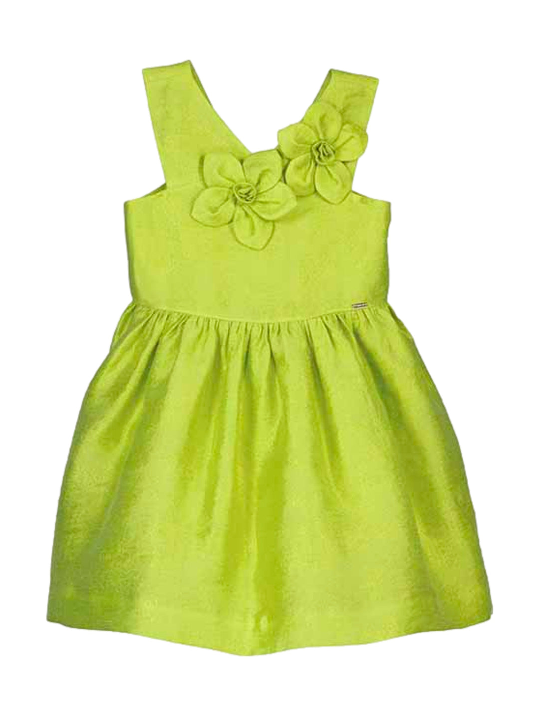 Vestido para niña color verde kiwi con adornos de flores en relieve en el pecho.